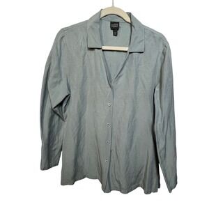Eileen Fisher Silk Linen Button Down Shirt Sage Green Long Sleeve Minimalist M